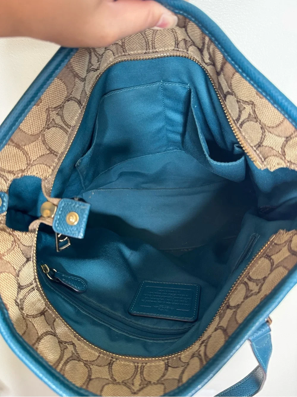 Coach Signature Canvas Tote with Teal Leather Trim